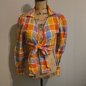 New Plaid Tie-Front Women's Top